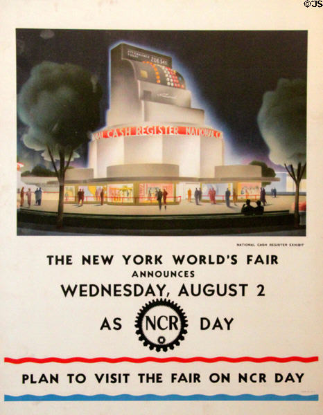 Poster for NCR day at 1939 New York World's Fair showing NCR's pavilion at Carillon Historical Park. Dayton, OH.
