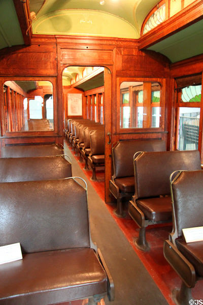 Seating in Toledo Port Clinton & Lakeside Railroad self-propelled electric car at Carillon Historical Park. Dayton, OH.