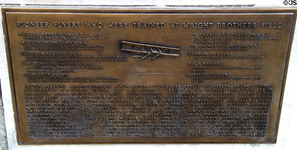 Plaque at Wright Brothers Memorial listing pioneer fliers trained at Huffman Prairie Flying Field. Dayton, OH.