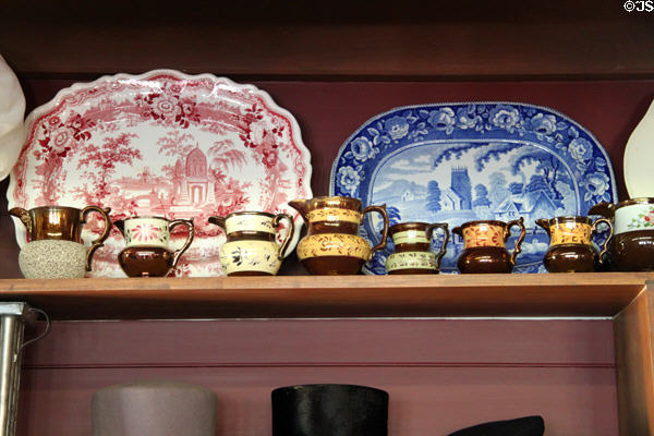 Antique plates & pitchers in N.K. Whitney Store at Historic Kirtland Village. Kirtland, OH.