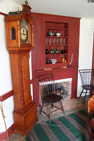 Tall clock & parlor fireplace in Whitney home at Historic Kirtland Village. Kirtland, OH.