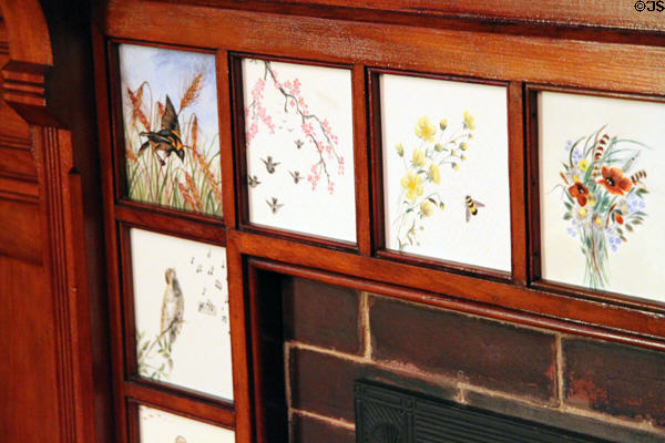 Painted tiles on fireplace in dining room of James A. Garfield home. Mentor, OH.