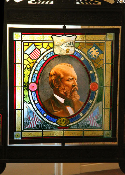 Stained glass window with James A. Garfield portrait in Garfield home. Mentor, OH.