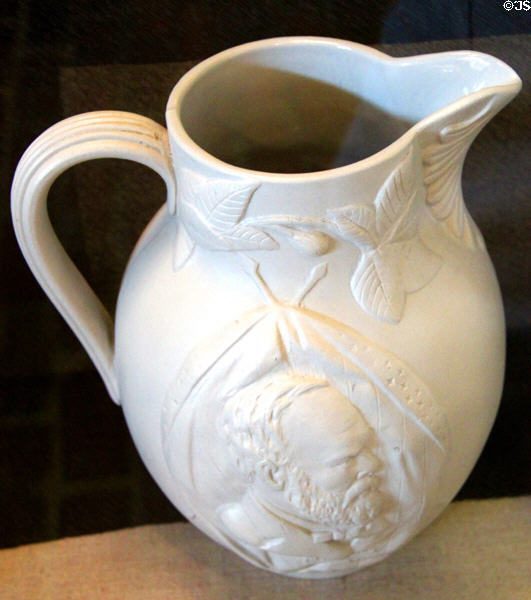 Rookwood pottery pitcher with face of assassinated President James A. Garfield at Garfield NHS. Mentor, OH.