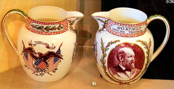 Creamware pitchers in remembrance of assassinated President James A. Garfield at Garfield NHS. Mentor, OH.