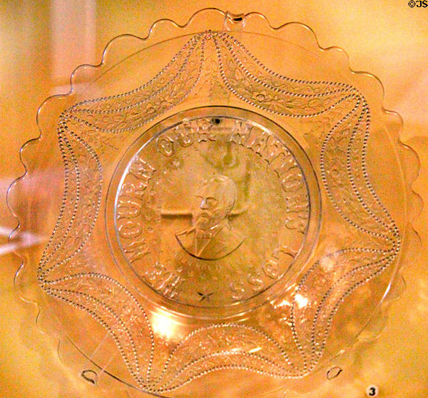 Pressed glass mourning plate for President James A. Garfield at Garfield NHS. Mentor, OH.