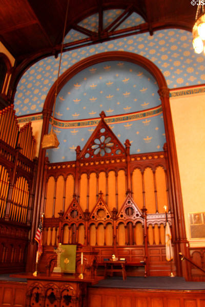 Pulpit under gold & blue niche in interior of Old Stone Church. Cleveland, OH.