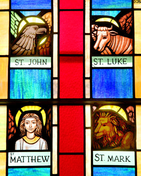 Evangelists symbols for Sts Matthew, Mark, Luke & John stained glass window in Old Stone Church. Cleveland, OH.