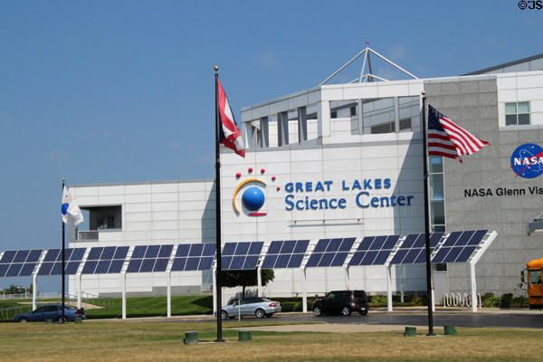Great Lakes Science Center sign over solar panels. Cleveland, OH.