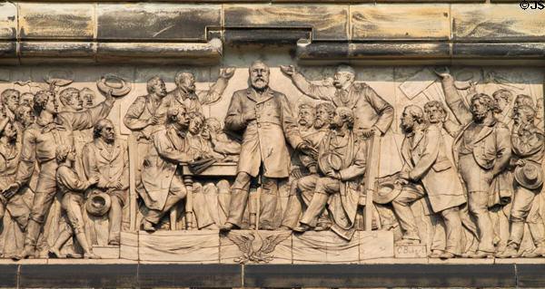 Garfield acclaimed relief (1890) by Caspar Buberl on President James A. Garfield Monument. Cleveland, OH.