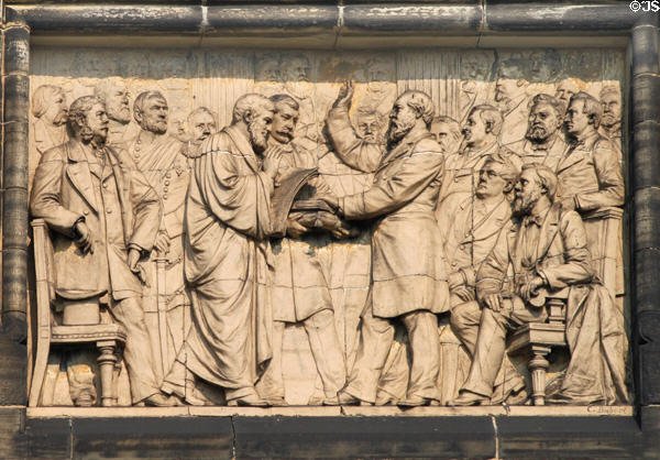 Garfield, being sworn as President, relief (1890) by Caspar Buberl on President James A. Garfield Monument. Cleveland, OH.