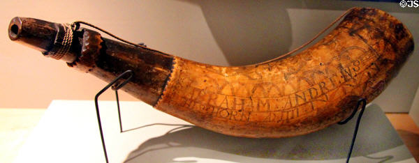 Powder horn (1777) of Abraham Andrews at Cleveland History Center. Cleveland, OH.