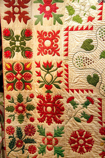 Sampler quilt detail (1847) by Martha Pierson of East Nottingham, NH at Cleveland History Center. Cleveland, OH.