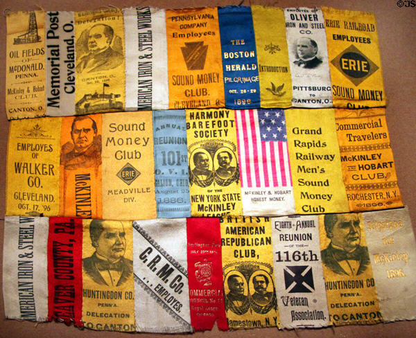 Pieced quilt (c1896) made from silk William McKinley campaign ribbons at Cleveland History Center. Cleveland, OH.