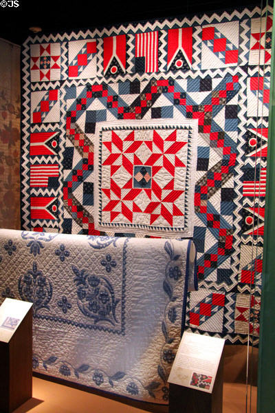 Centennial quilt (begun 1876 - finished 1976) plus whole cloth quilt (c1948) at Cleveland History Center. Cleveland, OH.