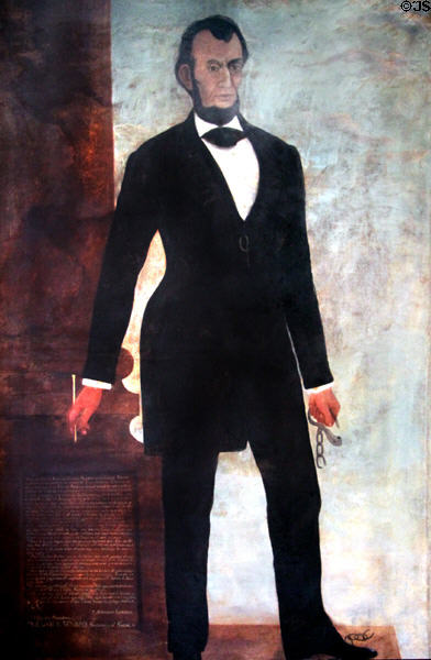 Symbolic portrait of Abraham Lincoln pointing to Emancipation Proclamation (1880) by Henry Church at Cleveland History Center. Cleveland, OH.