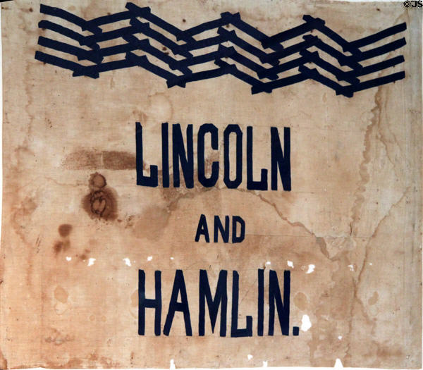 Lincoln-Hamlin campaign banner (1860) with rail-splitter design at Cleveland History Center. Cleveland, OH.