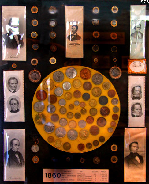 Collection of Abraham Lincoln campaign pins & badges (1860 & 64) at Cleveland History Center. Cleveland, OH.