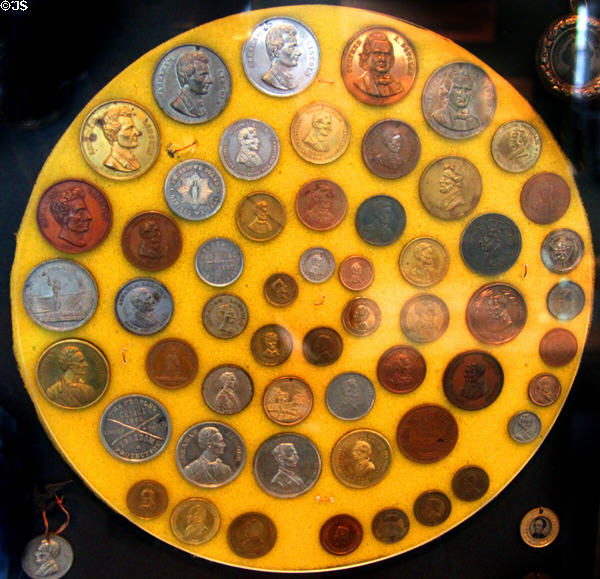 Collection of Abraham Lincoln campaign pins (1860 & 64) at Cleveland History Center. Cleveland, OH.