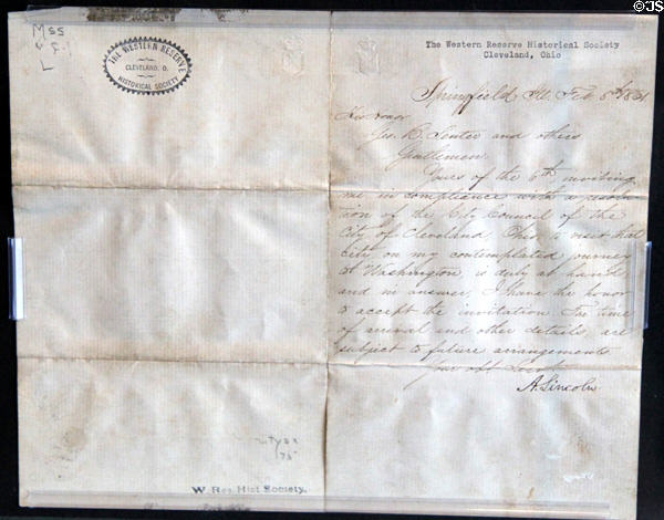 Letter from Abraham Lincoln to Cleveland City Council (1861) accepting invitation to visit city during journey to Washington, DC for his inauguration. Cleveland, OH.