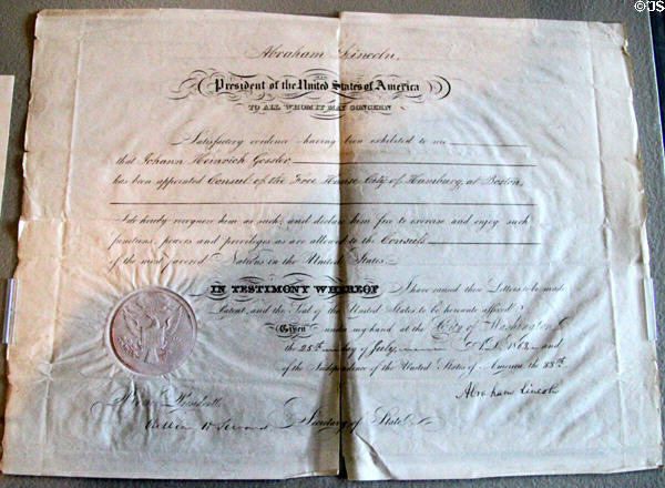 Certificate appointing American counsel to Hamburg (1863) signed by Abraham Lincoln at Cleveland History Center. Cleveland, OH.