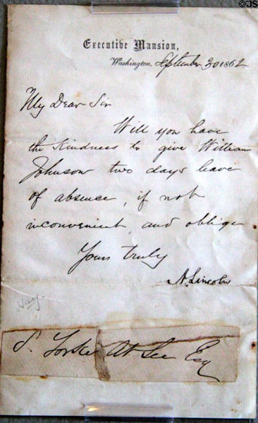 Letter (1862) requesting two-days leave for a soldier signed by Abraham Lincoln at Cleveland History Center. Cleveland, OH.