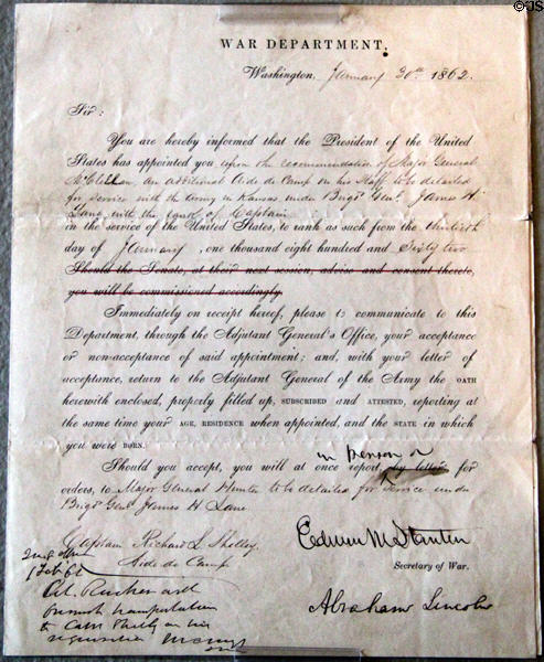 Certificate appointing an Aide de Camp to Kansas (1862) signed by Abraham Lincoln at Cleveland History Center. Cleveland, OH.