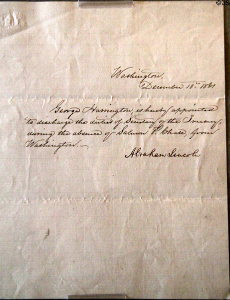Letter appointing a temporary Secretary of the Treasury (1861) signed by Abraham Lincoln at Cleveland History Center. Cleveland, OH.