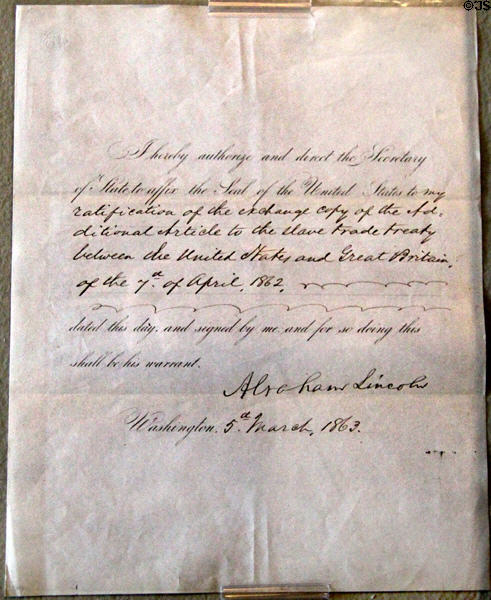 Document ratifying an extra article to the 1862 slave trade treaty with Great Britain (1863) signed by Abraham Lincoln at Cleveland History Center. Cleveland, OH.