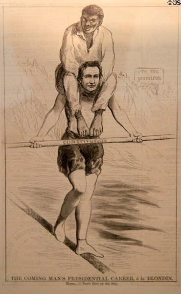 Political cartoon Coming Man's Presidential Career à la Blondin shows Lincoln as tightrope walker with African American slave on shoulders at Cleveland History Center. Cleveland, OH.