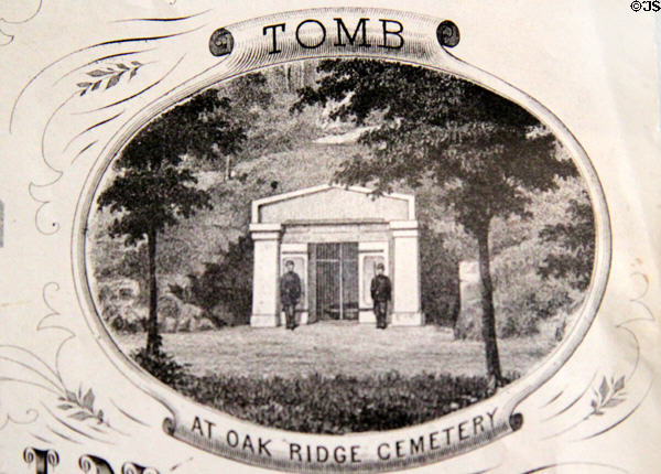 Abraham Lincoln first tomb at Springfield Oak Ridge Cemetery detail on Insurance company poster at Cleveland History Center. Cleveland, OH.