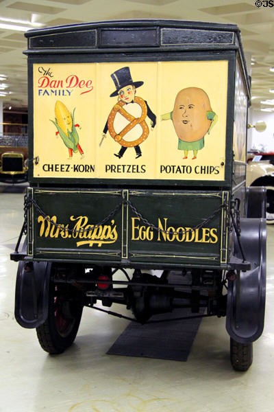 Cheez-Korn, pretzels, potato chips sign on rear of White Delivery Van (Dan-Dee Potato Chips) (1920) from Cleveland, OH at Crawford Auto Aviation Museum of Cleveland History Center. Cleveland, OH.