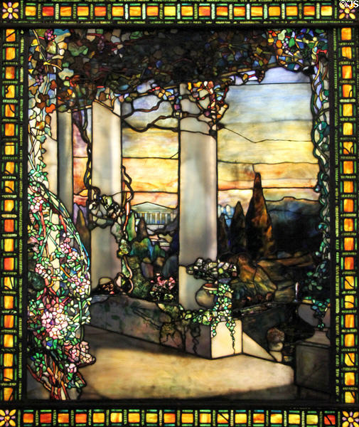 Landscape with Greek Temple stained glass window detail (c1900) by Louis Comfort Tiffany at Cleveland Museum of Art. Cleveland, OH.