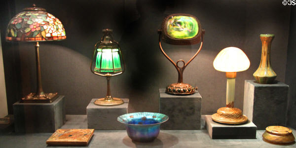 Collection of art nouveau Favrile glass lamps & vases (c1892-1932) by Tiffany Studios at Cleveland Museum of Art. Cleveland, OH.