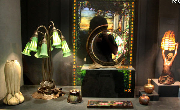 Collection of art nouveau Favrile glass lamps & objects (c1892-1932) by Tiffany Studios at Cleveland Museum of Art. Cleveland, OH.