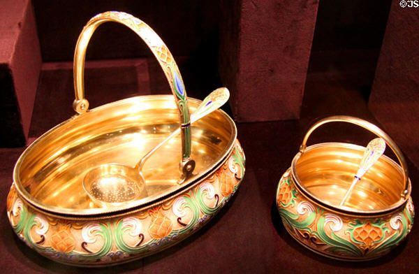 Russian silver & enamel tea service pieces (before 1896) by House of Fabergé at Cleveland Museum of Art. Cleveland, OH.