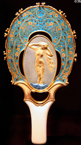 Gold, enamel & ivory hand mirror (1900-2) by Félix Bracquemond of France with inset figure by Auguste Rodin at Cleveland Museum of Art. Cleveland, OH.