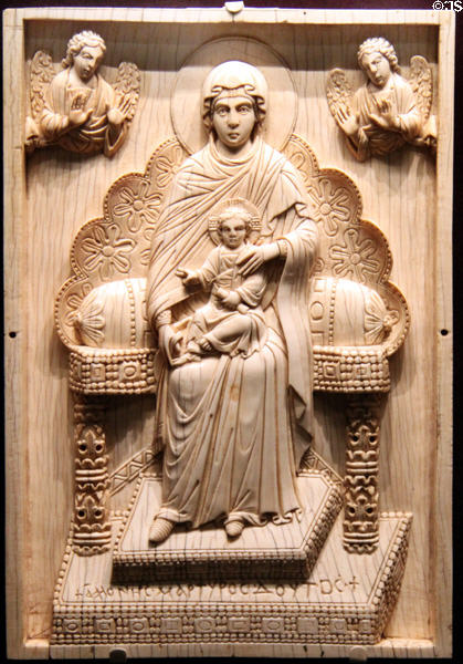 Byzantium ivory plaque of enthroned Mother of God (950-1025) from Constantinople at Cleveland Museum of Art. Cleveland, OH.