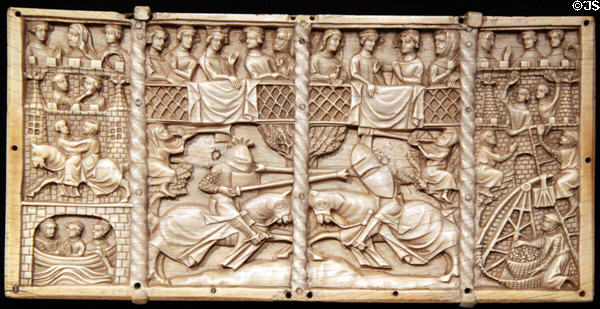 French ivory casket panels show Courtly Romances jousting (1330-50) at Cleveland Museum of Art. Cleveland, OH.