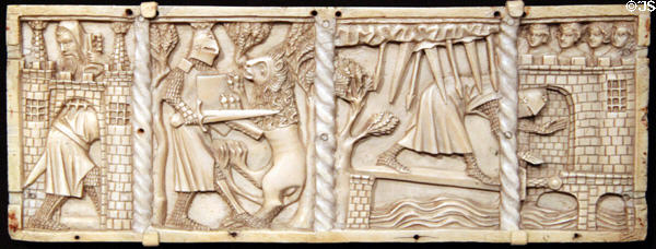 French ivory casket panels show Courtly Romances knight against lion (1330-50) at Cleveland Museum of Art. Cleveland, OH.