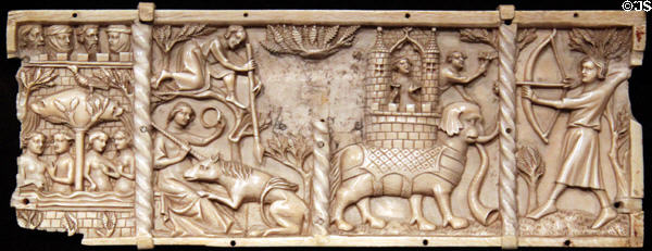 French ivory casket panels show Courtly Romances unicorn & beast (1330-50) at Cleveland Museum of Art. Cleveland, OH.