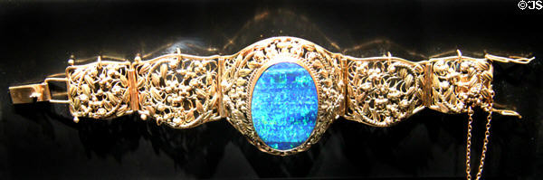 Black opal bracelet in yellow gold at Cleveland Museum of Natural History. Cleveland, OH.