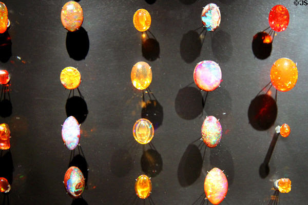 Yellow & hyacinth-red fire-opals or girasol at Cleveland Museum of Natural History. Cleveland, OH.