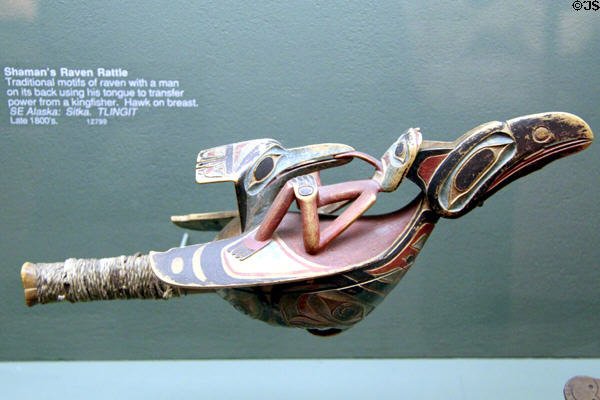 Tlingit carved wood raven rattle (late 1800s) from Alaska at Cleveland Museum of Natural History. Cleveland, OH.