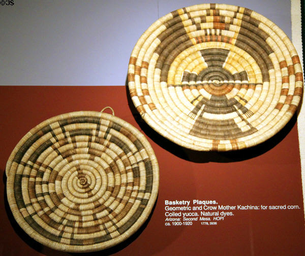 Hopi basketry plaques (1900-20) from Arizona at Cleveland Museum of Natural History. Cleveland, OH.