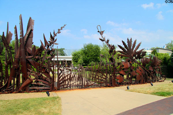 Kohl Gate (2004) shows native plant life by Albert Paley at Cleveland Botanical Garden. Cleveland, OH.