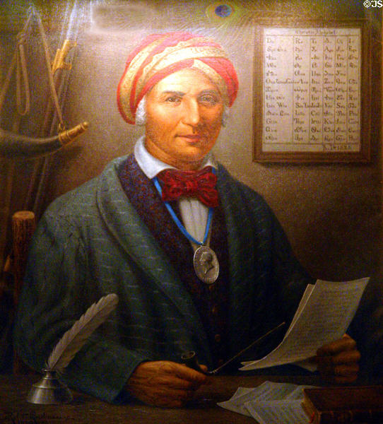 Portrait of Sequoyah (1776-1843) a Cherokee who devised the Cherokee alphabet by Robert Lindneux at Woolaroc Museum. Bartlesville, OK.