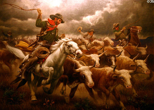 Painting of Cattle Stampede by Robert Lindneux at Woolaroc Museum. Bartlesville, OK.