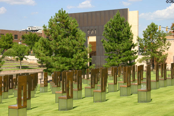 Oklahoma City National Memorial commemorating victims of 1995 bombing of Alfred P. Murrah Federal Building. Oklahoma City, OK. Architect: Hans Butzer, Torrey & Sven Berg of Butzer Design Partnership.