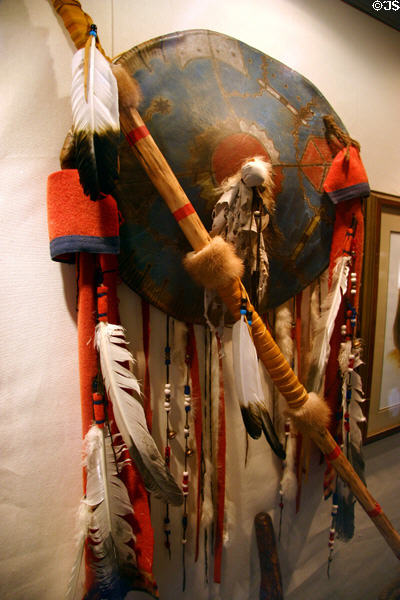 Indian leather shield with feathers at Omniplex museum. Oklahoma City, OK.